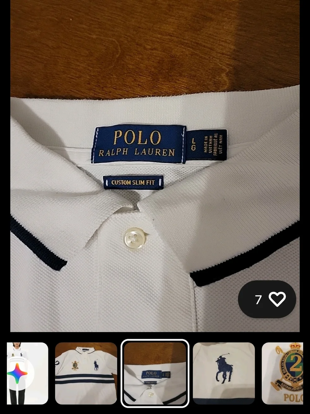 Ralph Lauren White Polo Shirt with Navy Stripes & Pony Logo - Picture 4 of 10